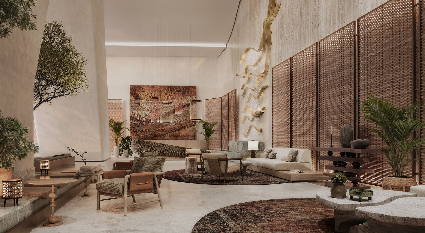 Tall lobby with woven screens, stone floors and soft seating