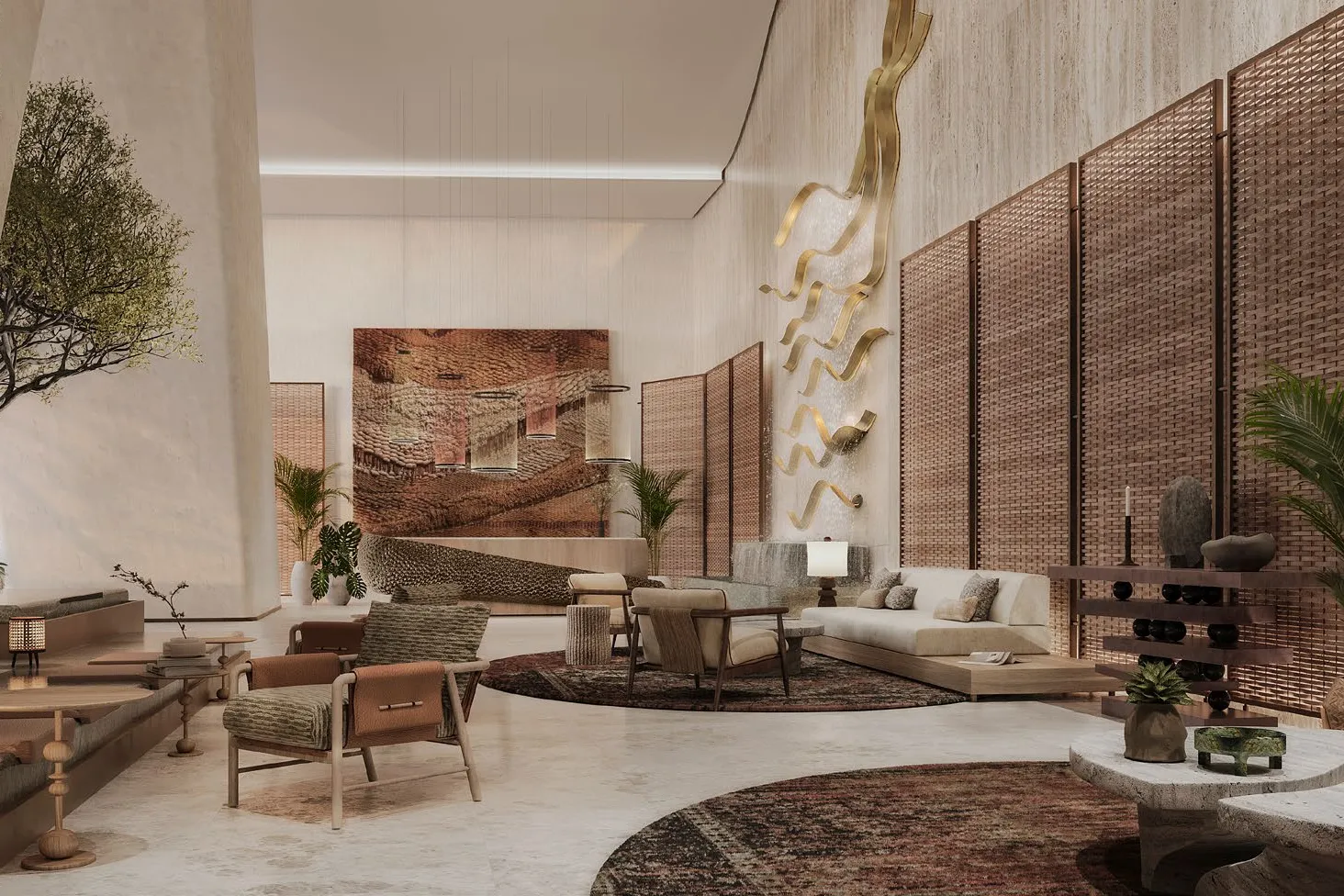 Tall lobby with woven screens, stone floors and soft seating