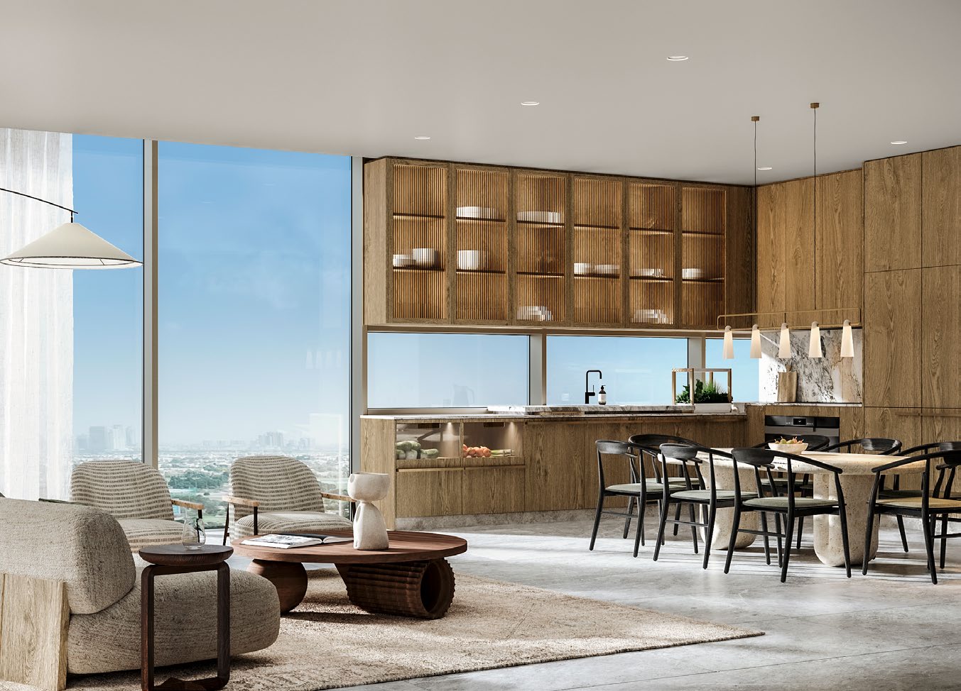 Open kitchen with fluted timber cabinets and dining table by tall windows
