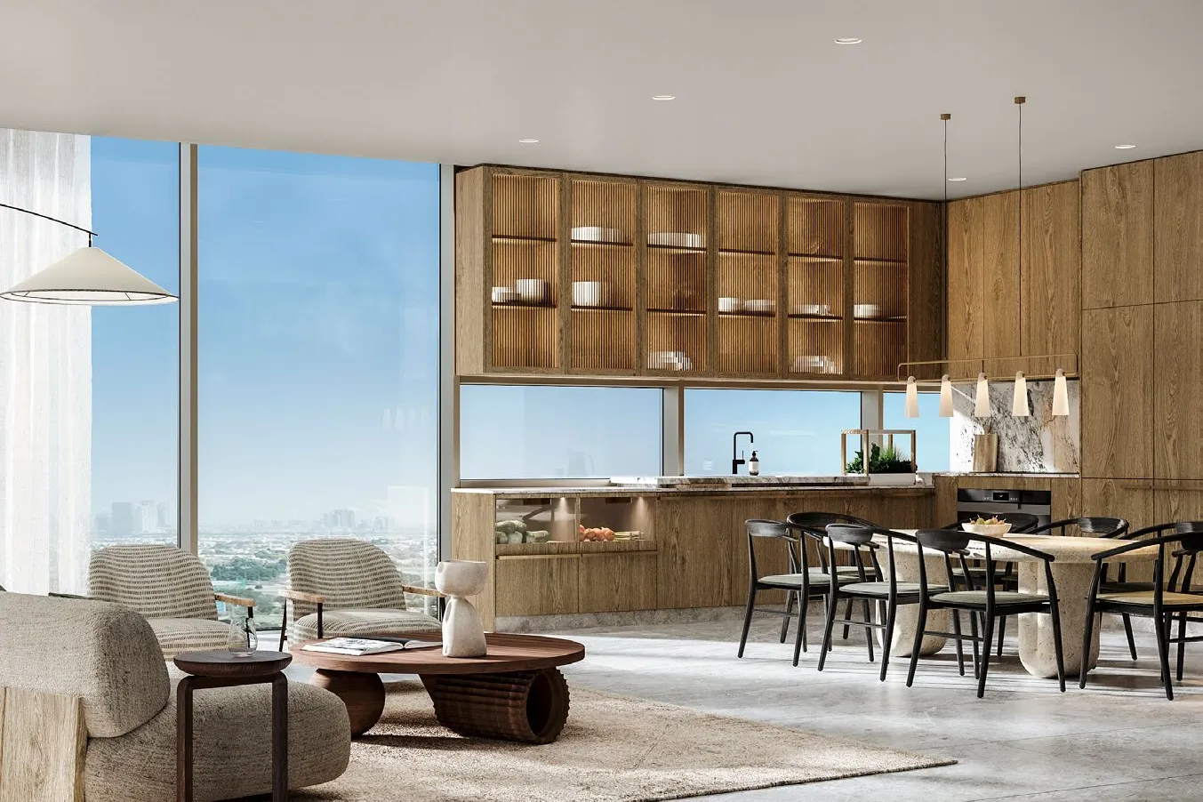 Open kitchen with fluted timber cabinets and dining table by tall windows