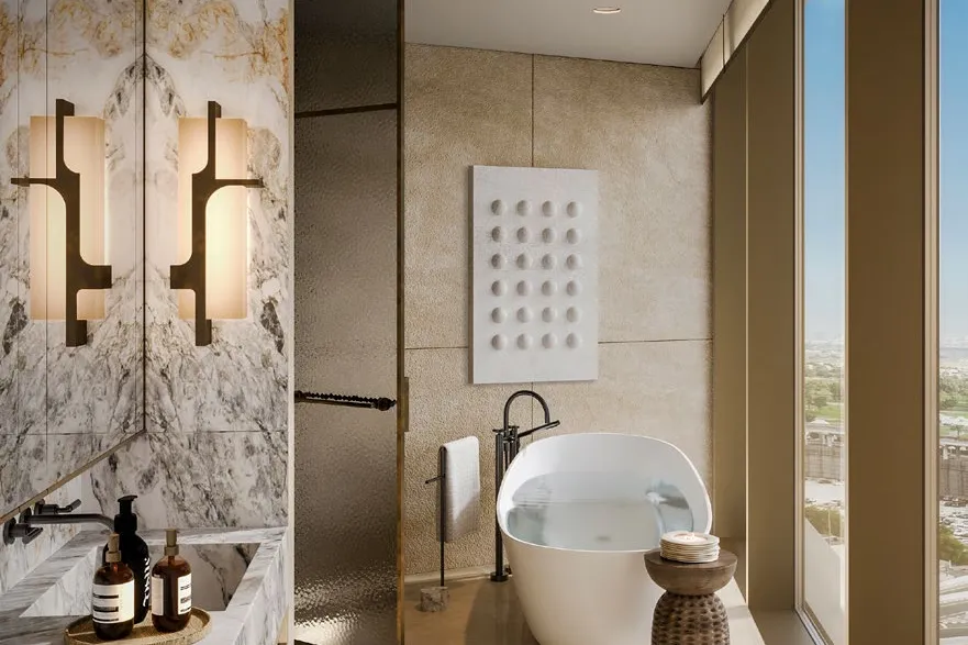 Bedroom with corner windows looking out to Palm Jumeirah