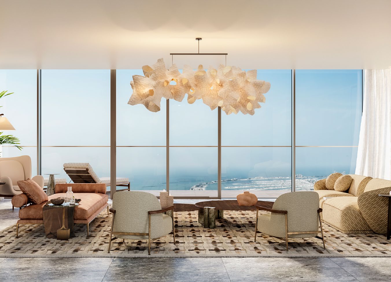 Sky Mansion living room with sculptural chandelier and sea view