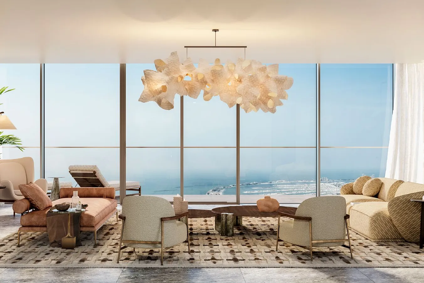 Sky Mansion living room with sculptural chandelier and sea view