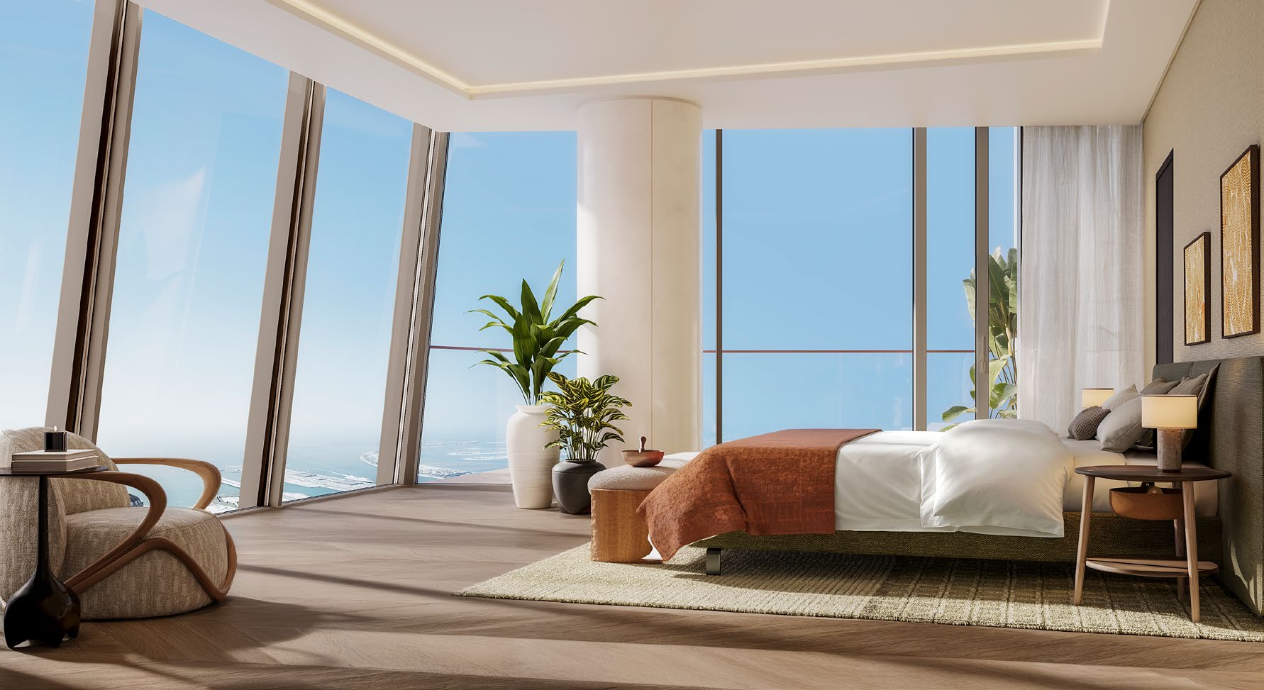 Bright bedroom with angled windows looking over the Palm