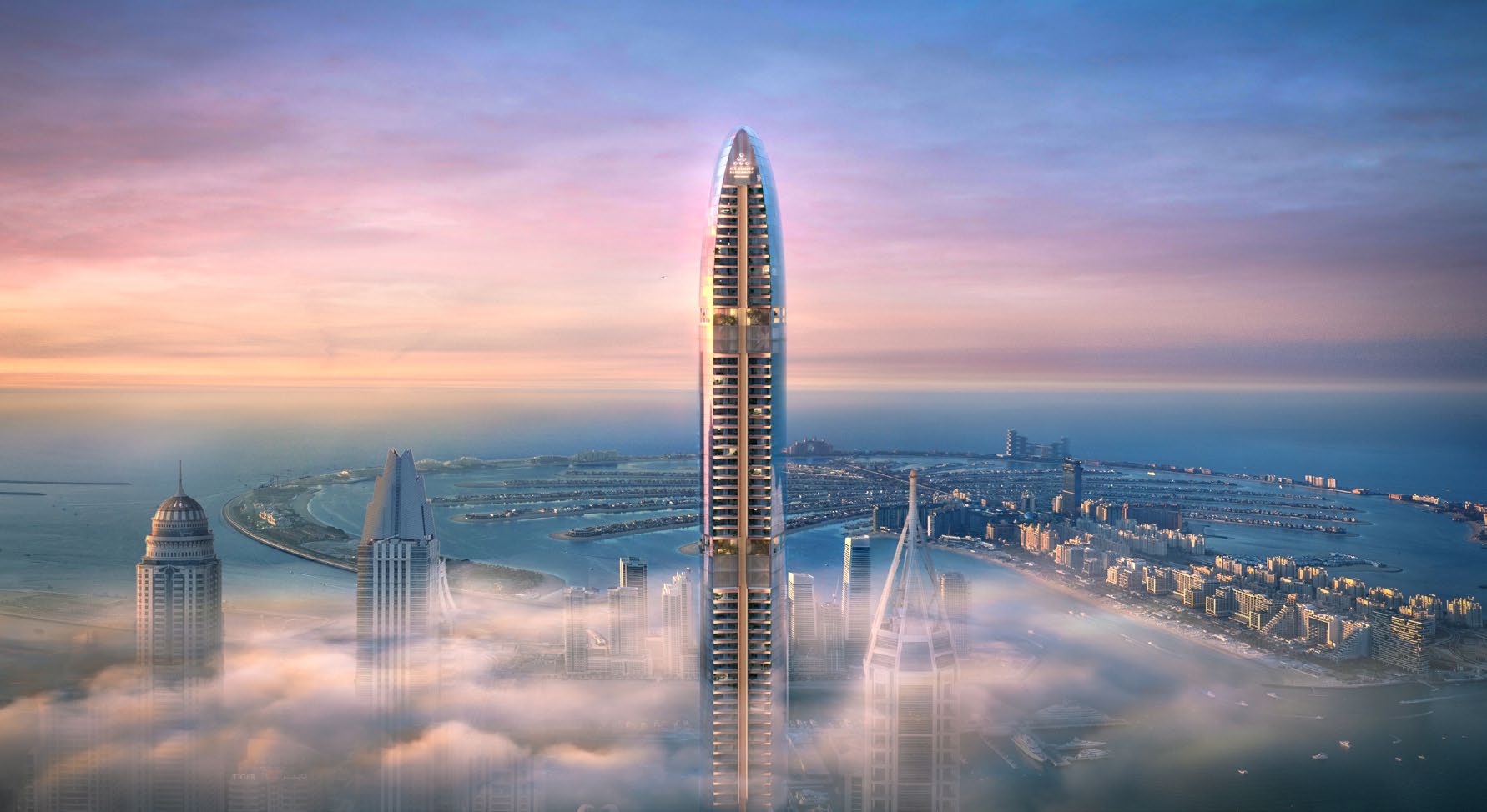 The slender tower rising above morning mist at dawn, Palm behind